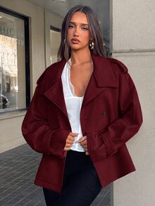 Aloruh Women's Solid Color Long Sleeve Stand Collar Button Lapel Casual Jacket - Burgundy - View 8