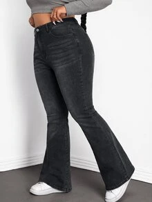 SHEIN Tall CURVE 大尺碼鈕扣拉鍊口袋喇叭牛仔褲 - 黑色 - 查看 4