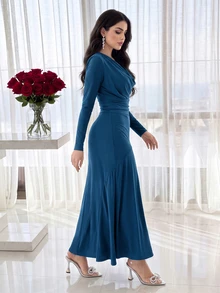 Feyla Women's Solid Color Long Sleeve Draped Neck Fitted Ruffle Hem Dress - Blue - View 2