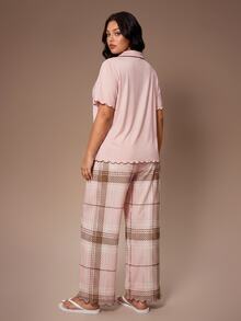 Lazeform Plus Size Button-Up Frill Trim Cardigan And Plaid Loose Fit Long Pants Pajama Set - Pink - View 2