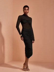 JIAN LASALA Black Mesh Long Sleeve Ruched Bustier Mock Neckline Long Dress Vacation Elegant Party - Black - View 4