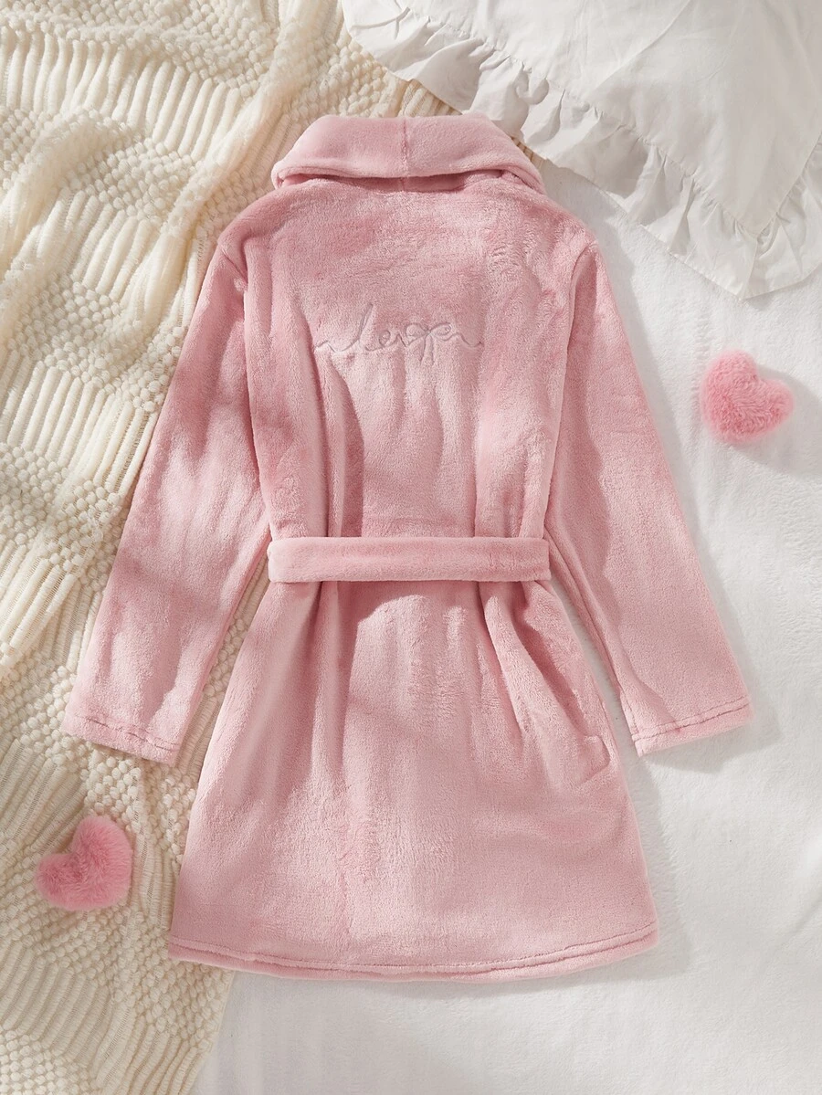 SHEIN 秋冬女款居家長袖睡袍,加厚法蘭絨,粉色調,背面愛心刺繡,優雅甜美,適合假期居家穿著 - 粉色 - 查看 1