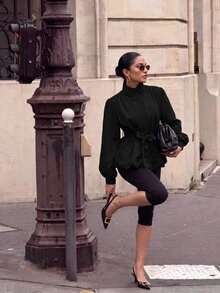 Silquee 女款時尚復古優雅鈕扣口袋長袖高領夾克外套 辦公通勤款 酒紅色 秋季 - 黑色 - 查看 2