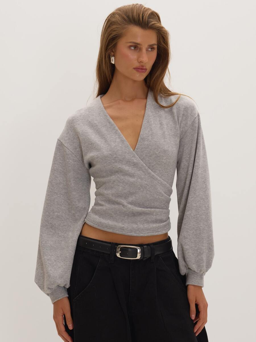 MUSEYN Grey Soft V Neck Wrap Detail Fitted Top Versatile Everyday Casual Chic New Season Fall - Grey - View 1