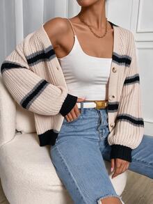 Flirla Women's Vintage Button Striped Contrast Color Knit Cardigan - Multicolor - View 1