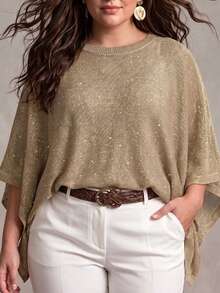 Linhara CURVE Plus Size Women's Spring/Summer/Autumn Asymmetrical High-Low Round Neck Cape Top, Atmosphere-Enhancing Shawl Outerwear, Suitable For Daily Commute, Outings, Dates, Parties And More - Khaki - View 1