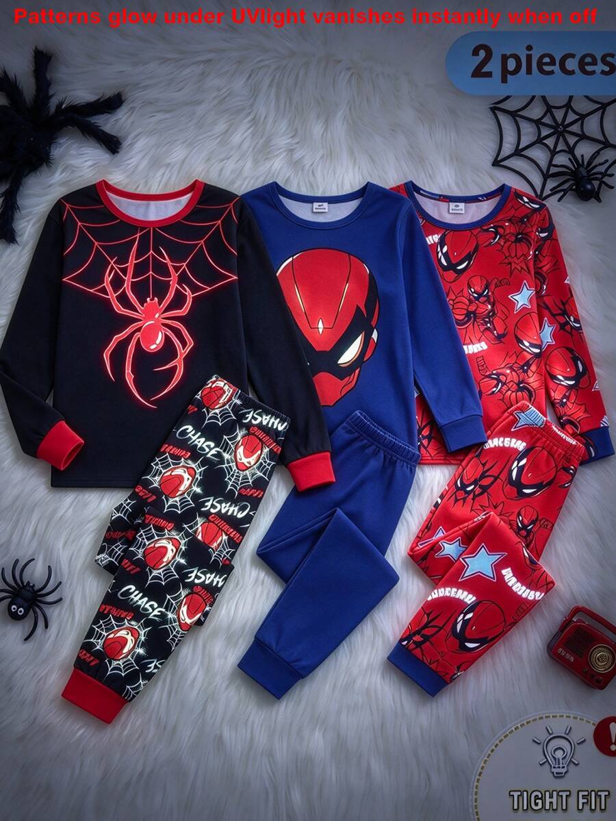 Tween Boys Pajamas 2-Piece Set, New Autumn/Winter Flashlight Glow-In-The-Dark Spider Print Knit High Elastic Crew Neck Top And All-Over Print Long Pants, 1 Set, Snug Fit, Size Runs Small, Recommend Ordering One Size Up - Black - View 1