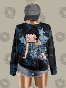 Betty Boop x SHEIN 大尺碼女款五角星紮染印花長袖圓領運動衫 - 白色 - 查看 3