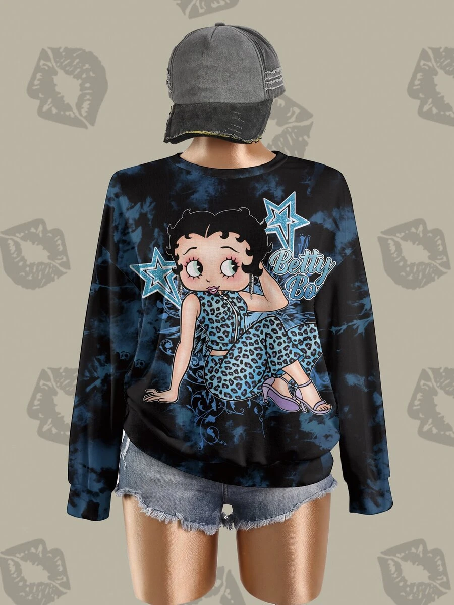 Betty Boop x SHEIN Plus Size Women's Pentagram Tie-Dye Print Long Sleeve Crew Neck Sweatshirt Winter Clothes Cute Tops - White - View 1