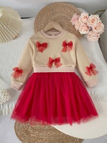 SHEIN Playful Pals 女童針織毛衣芭蕾舞裙連衣裙 可愛甜美 米色紅色 針織薄紗蝴蝶結 長袖圓領 常規版型 假日派對 秋冬公主風 舒適 A 字裙 - 紅白色 - 查看 7