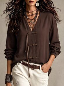 EMERY ROSE Plus Size V-Neck Women's Spring/Autumn Daily Comfortable Casual Frog Button Long Sleeve Shirt Fall - Coffee Brown - View 7