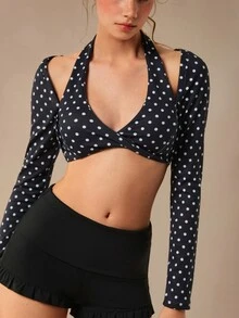 VARSIVA Women's Polka Dot 2 In 1 Casual Daily Sports Bra - Black and White - View 1