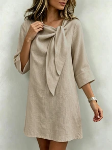 Selamara Gaun Wanita Model French Gentle Bowknot Ribbon V-Neck, Kain Linen Bertekstur, Lengan 3/4 dengan Manset, Potongan Longgar Lurus, Gaun Pendek untuk Beraktivitas Sehari-hari - Khaki - View 4