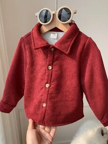 SHEIN 男嬰秋冬加厚高級白色抓絨內裡聖誕紅襯衫，適合節日、萬聖節、聖誕禮物 - 紅色 - 查看 5