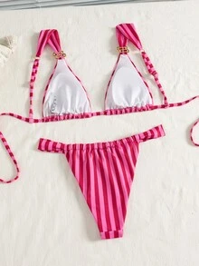 Swim Mod طقم بيكيني نسائي مثير وجميل للربيع/الصيف، بطبعة مخططة وزينة معدنية وحمالات سميكة، مناسب للشاطئ ومهرجانات الموسيقى - متعدد الألوان - مشاهدة 2