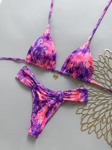 SHEIN Swim Swim MOD 2件組 春夏度假隨機印花櫻桃飾品掛脖三角比基尼上衣與比基尼褲 女款性感泳衣套裝 - 彩色 - 查看 1