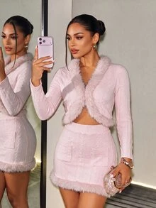 BamGleam Women's Light Pink Fuzzy Fall/ Skirt Party Date Night Night Out Brunch Tea Party Sweet Long Sleeve 2 Pieces Set Romantic Elegant - Pink - View 1