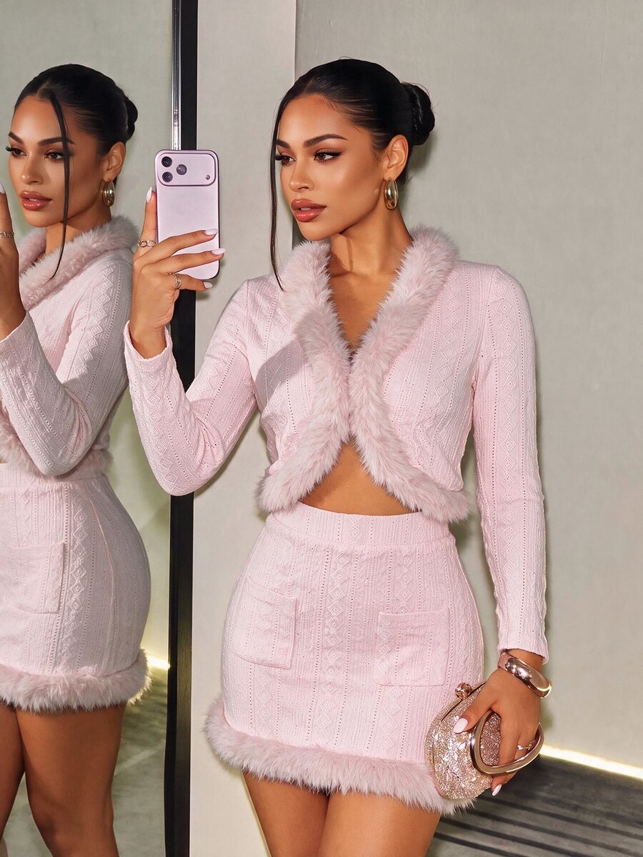 BamGleam Women's Light Pink Fuzzy Fall/ Skirt Party Date Night Night Out Brunch Tea Party Sweet Long Sleeve 2 Pieces Set Romantic Elegant - Pink - View 1