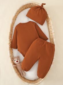 SHEIN 3件組新生兒可愛貓臉印花長袖連身衣、褲子+帽子套裝，春秋冬季款，粉色與黑色、粉色與紅色 - 棕色 - 查看 2