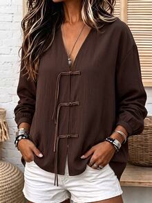 EMERY ROSE Plus Size V-Neck Women's Spring/Autumn Daily Comfortable Casual Frog Button Long Sleeve Shirt Fall - Coffee Brown - View 1