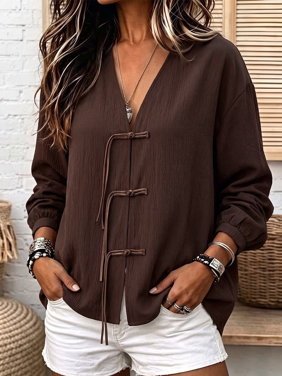 EMERY ROSE Plus Size V-Neck Women's Spring/Autumn Daily Comfortable Casual Frog Button Long Sleeve Shirt Fall - Coffee Brown - View 1