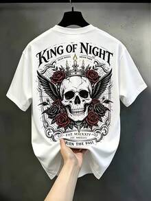 Manfinity Homme 男士大尺碼字母骷髏圖案休閒日常短袖T恤 - 白色 - 查看 1
