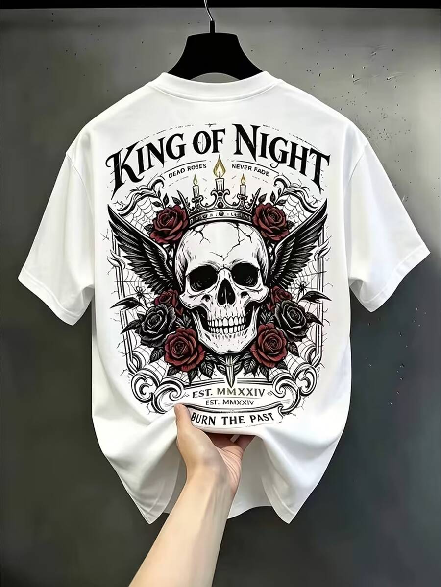 Manfinity Homme 男士大尺碼字母骷髏圖案休閒日常短袖T恤 - 白色 - 查看 1