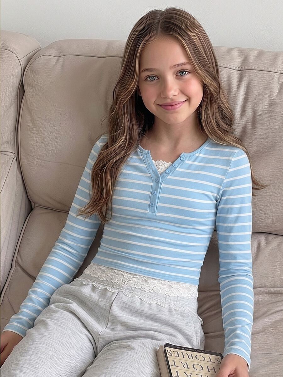 SHEIN Tween Girl Striped Lace Patchwork Casual Daily Long Sleeve Sweatshirt - Blue - View 1