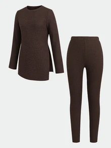 SHEIN 青少年女孩純色長袖運動衫與緊身褲休閒日常套裝 - 棕色 - 查看 2