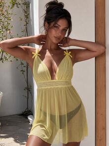 SHEIN 1pc Sexy Flowy A-Line Shiny Nightgown (Wireless) - Yellow - View 3