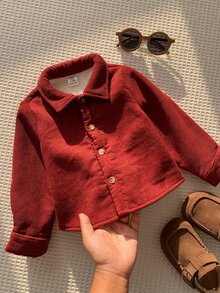 SHEIN 男嬰秋冬加厚高級白色抓絨內裡聖誕紅襯衫，適合節日、萬聖節、聖誕禮物 - 紅色 - 查看 3
