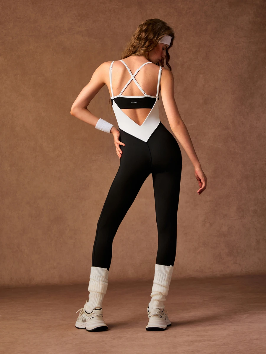 VARSIVA Bộ jumpsuit thể thao nữ phối màu phong cách thường ngày mặc hàng ngày - Đen và trắng - Xem 1