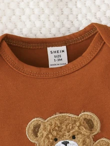 SHEIN 3件組新生兒可愛貓臉印花長袖連身衣、褲子+帽子套裝，春秋冬季款，粉色與黑色、粉色與紅色 - 棕色 - 查看 9