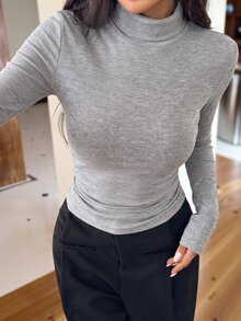 SHEIN EZwear Encore 酒紅色針織高領修身長袖女款 T-shirt 上衣，適合居家、上班、外出，秋季休閒穿搭 - 淺灰色 - 查看 3