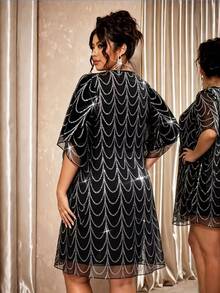 Cravure Plus Size Women's Sequin Fashion Date Party Dress - Grey - View 2