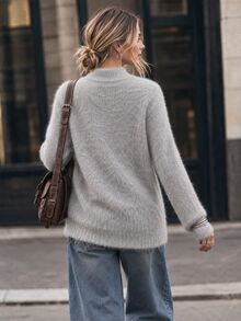 SHEIN Women's Solid Color Crew Neck Long Sleeve Casual Sweater, Autumn/Winter - Khaki - View 2