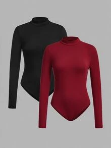 SHEIN EZwear 女款兩件套立領長袖連身衣，多色針織，適合冬季 - 彩色 - 查看 7