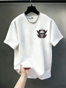 Manfinity Homme 男士大尺碼字母骷髏圖案休閒日常短袖T恤 - 白色 - 查看 2