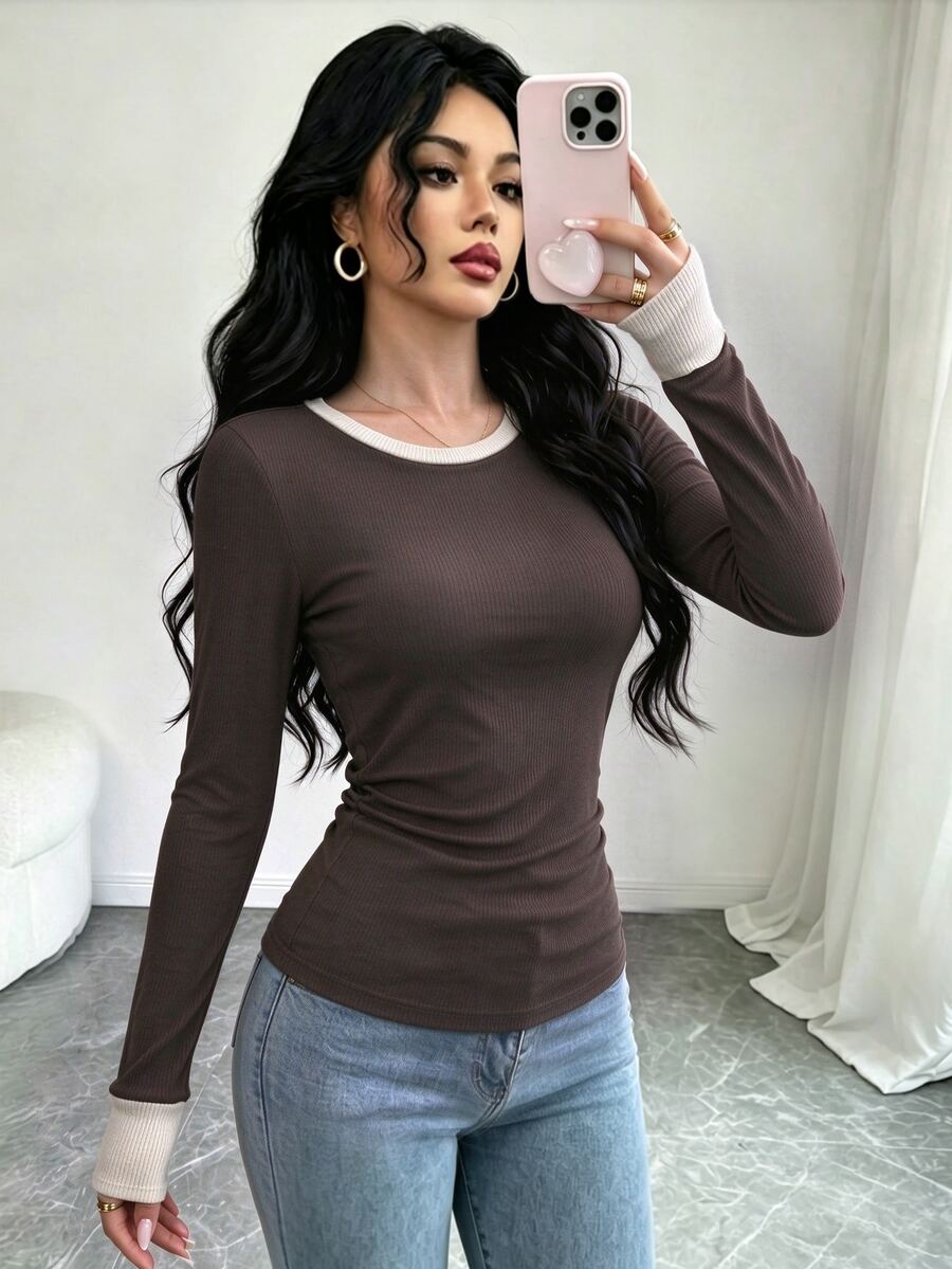 Selianne Women's Brown Colorblock Round Neck Knitted Base Layer Top, Colorblock Cuff Design, Ribbed Slim Fit Flattering Short Length Long Sleeve T-Shirt - Multicolor - View 1