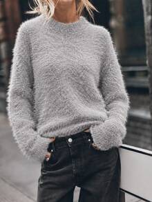 SHEIN Women's Solid Color Crew Neck Long Sleeve Casual Sweater, Autumn/Winter - Khaki - View 3