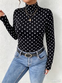 SHEIN Frenchy Plus Size Polka Dot Fabric High Neck Long Sleeve T-Shirt, Suitable For Autumn/Winter, Black Base Layer - Black - View 5