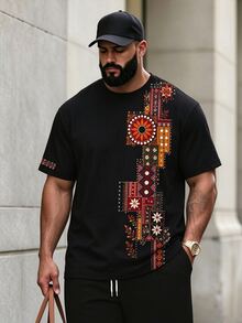Manfinity Homme تي شيرت رجالي مقاس كبير بطبعة زهور كاجوال للارتداء اليومي بأكمام قصيرة - الأسود - مشاهدة 3