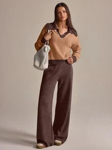 Lumivelle Women Polo Neck Draped Detailed Sweater And Sweater Pant 2pcs Set Co-Ords - Brown - View 4