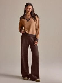 Lumivelle Women Polo Neck Draped Detailed Sweater And Sweater Pant 2pcs Set Co-Ords - Brown - View 5
