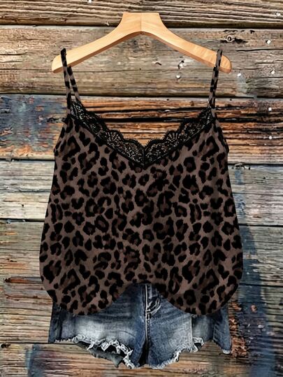 Mellowie Casual Leopard Print Black V-Neck Lace Camisole And Tank Top, Plus Size, Party