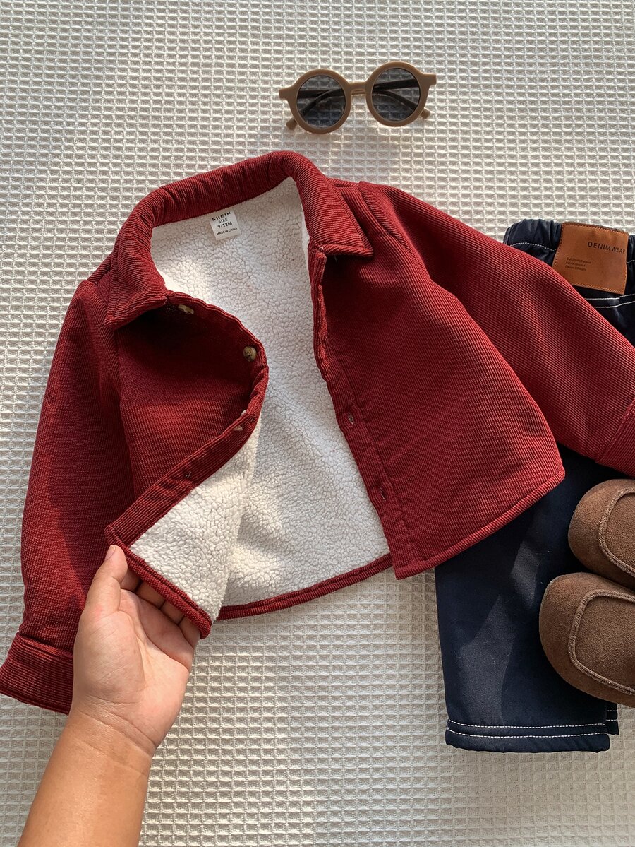 SHEIN 男嬰秋冬加厚高級白色抓絨內裡聖誕紅襯衫,適合節日、萬聖節、聖誕禮物 - 紅色 - 查看 1