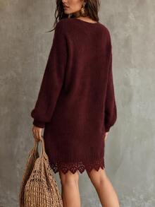 Linhara CURVE 1pc Women's Plus Size Dropped Shoulder Long Sleeve Contrast Lace Loose Comfortable Knit Sweater Dress, Suitable For Daily Commute, Casual, Party, Spring And Autumn - Burgundy - View 2