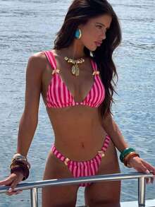 Swim Mod طقم بيكيني نسائي مثير وجميل للربيع/الصيف، بطبعة مخططة وزينة معدنية وحمالات سميكة، مناسب للشاطئ ومهرجانات الموسيقى - متعدد الألوان - مشاهدة 1