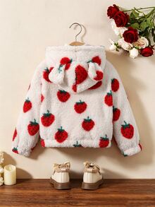 SHEIN Playful Pals 女童可愛厚絨連帽外套，單件，可愛草莓圖案，毛絨面料，連帽附可愛熊耳裝飾，白色前拉鍊，長袖，柔軟舒適面料，適合女童，可愛甜美俏皮休閒時尚穿搭，適合日常穿著、上學、外出、度假、派對，秋冬季 - 紅白色 - 查看 2