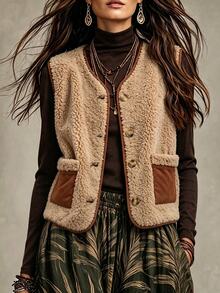 Vavine Women's Casual Autumn/Winter Plush Vest Jacket - Brown - View 1